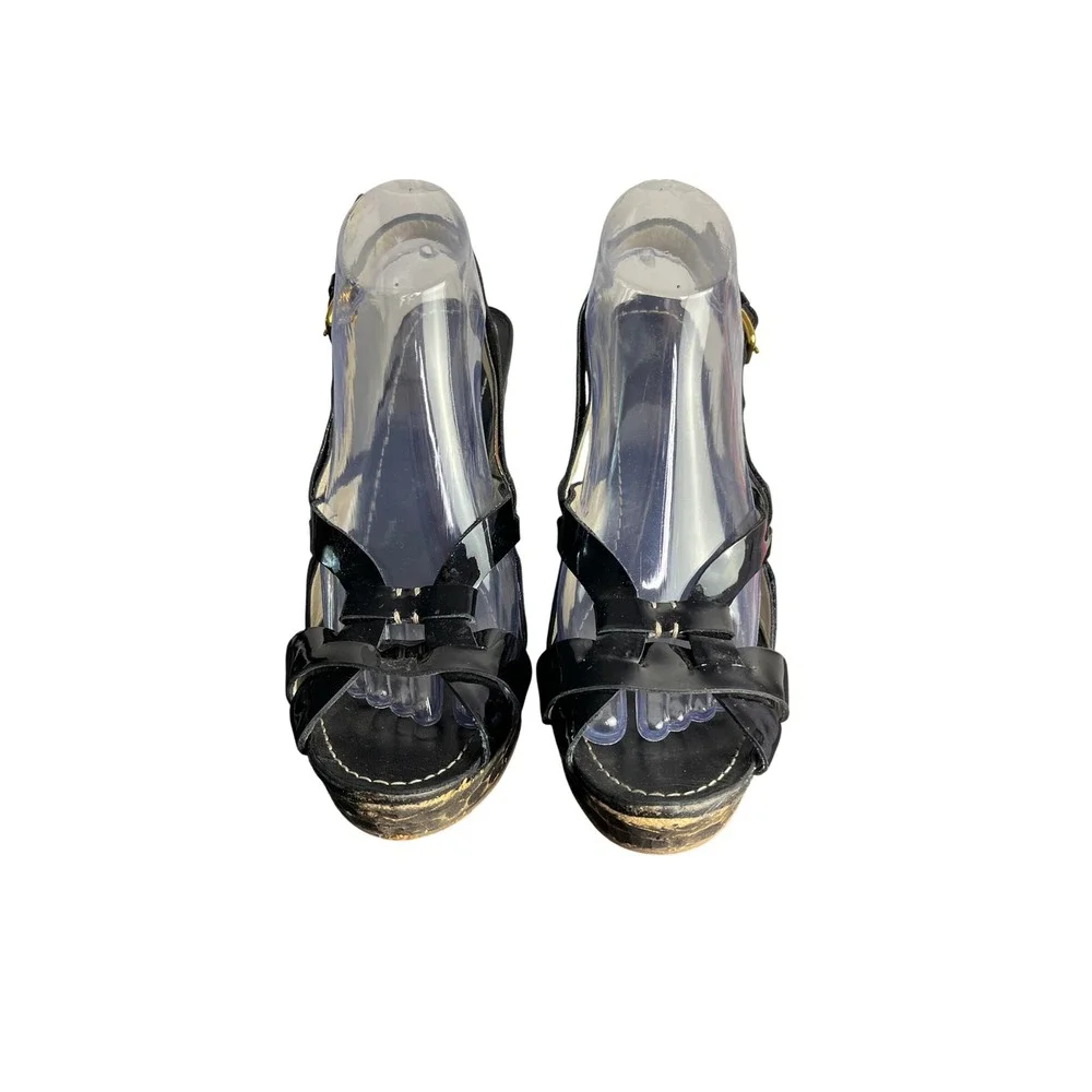 Miu Miu Sandals 10.5 IT 40.5 Boho Chic Patent Leather Carved Wood Wedge Platform